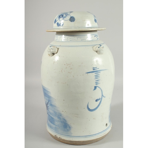 100 - A LARGE CHINESE BLUE AND WHITE PORCELAIN LAMP STAND JAR AND COVER, painted with birds and native flo... 