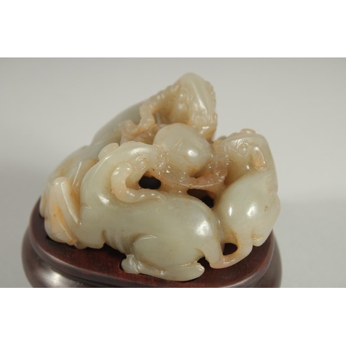 109 - A CHINESE QING DYNASTY CARVED JADE GROUP, depicting three rams, with a fitted hardwood base, jade 9.... 