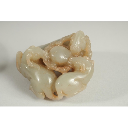 109 - A CHINESE QING DYNASTY CARVED JADE GROUP, depicting three rams, with a fitted hardwood base, jade 9.... 