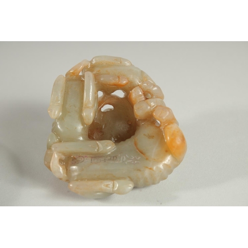 109 - A CHINESE QING DYNASTY CARVED JADE GROUP, depicting three rams, with a fitted hardwood base, jade 9.... 