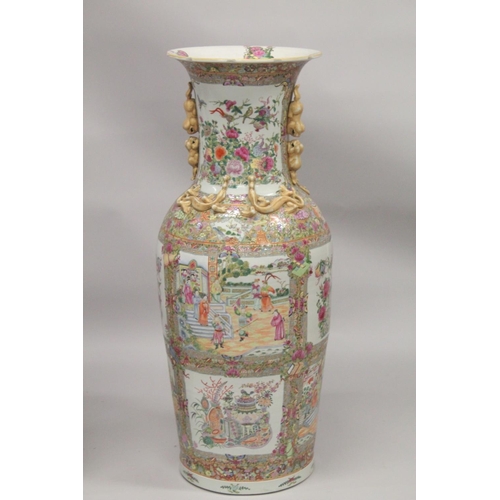 115 - AN IMPRESSIVE PAIR OF CHINESE CANTON FAMILLE ROSE PORCELAIN FLOOR-STANDING VASES, beautifully painte... 