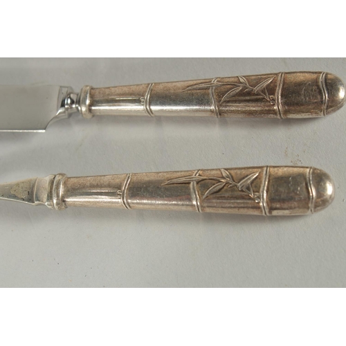 118 - A SET OF SIX CHINESE SILVER KNIVES AND FOLKS, each with bamboo design handles, (12 pieces).