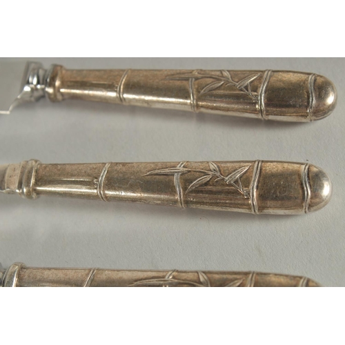 118 - A SET OF SIX CHINESE SILVER KNIVES AND FOLKS, each with bamboo design handles, (12 pieces).