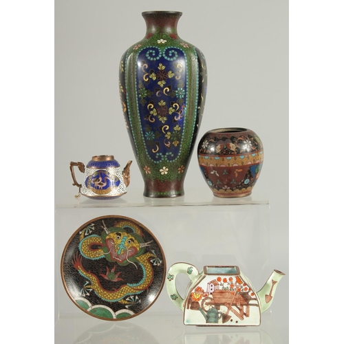 12 - A GROUP OF MIXED CLOISONNE / ENAMEL ITEMS; comprising a vase, a small pot, a cloisonne dish, a minia... 