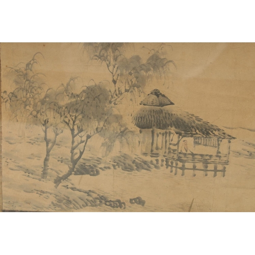 121 - AN 18TH-19TH CENTURY CHINESE SCROLL PAINTING ON PAPER, depicting a mountainous landscape, framed and... 