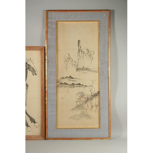 122 - A CHINESE INK PAINTING ON PAPER, depicting a landscape scene, framed and glazed, image 75cm x 30cm, ... 