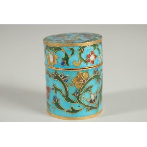 13 - A SMALL CLOISONNE CYLINDRICAL BOX AND COVER.