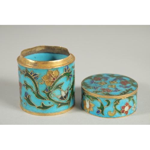 13 - A SMALL CLOISONNE CYLINDRICAL BOX AND COVER.