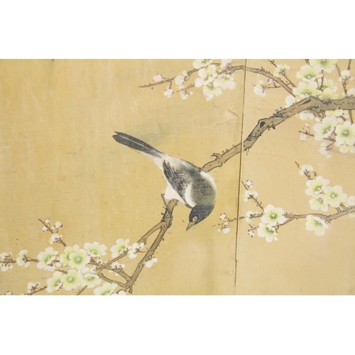 145 - A CHINESE FOUR PANEL SCREEN WITH OVERLAID PAINTING, (in two parts), the painting depicting birds on ... 