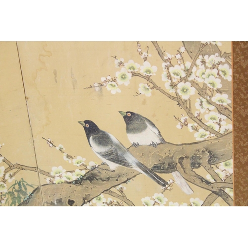 145 - A CHINESE FOUR PANEL SCREEN WITH OVERLAID PAINTING, (in two parts), the painting depicting birds on ... 