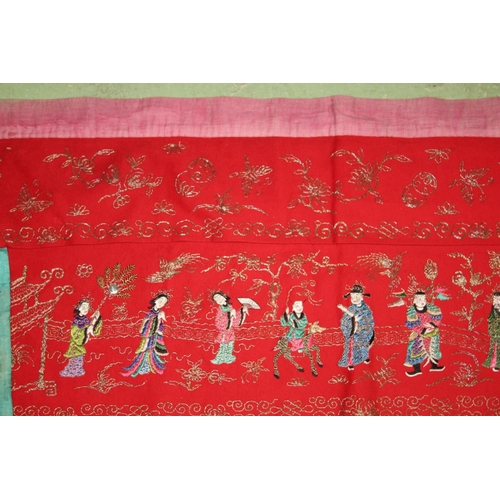 146 - A LATE 19TH - EARLY 20TH CENTURY CHINESE TEXTILE BANNER / ALTAR CLOTH, embroidered with various figu... 