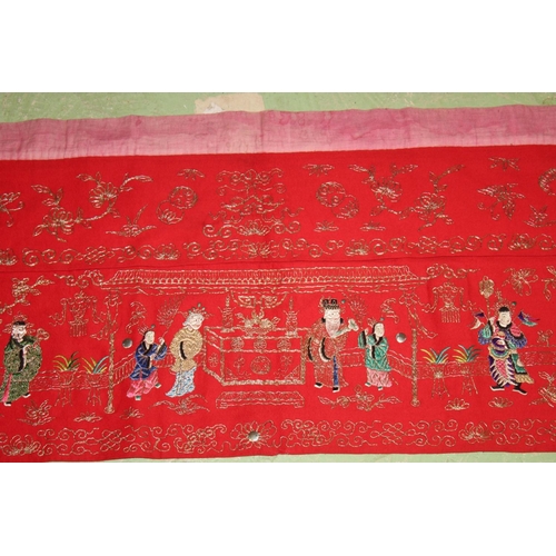 146 - A LATE 19TH - EARLY 20TH CENTURY CHINESE TEXTILE BANNER / ALTAR CLOTH, embroidered with various figu... 