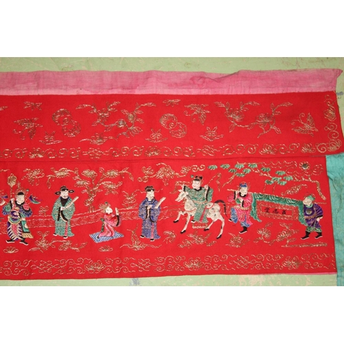 146 - A LATE 19TH - EARLY 20TH CENTURY CHINESE TEXTILE BANNER / ALTAR CLOTH, embroidered with various figu... 