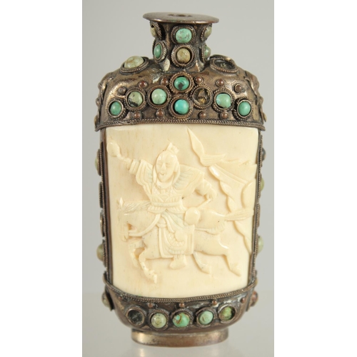 15 - A CARVED BONE INSET SNUFF BOTTLE, inset with two panels depicting warriors and further inlaid with t... 