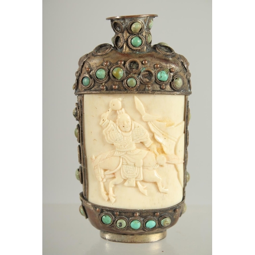 15 - A CARVED BONE INSET SNUFF BOTTLE, inset with two panels depicting warriors and further inlaid with t... 