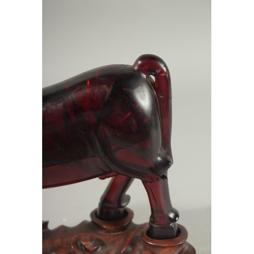 150 - A RARE CHINESE BAKELITE -POSSIBLY CHERRY AMBER HORSE on original wooden stand, horse 21cm long, weig... 