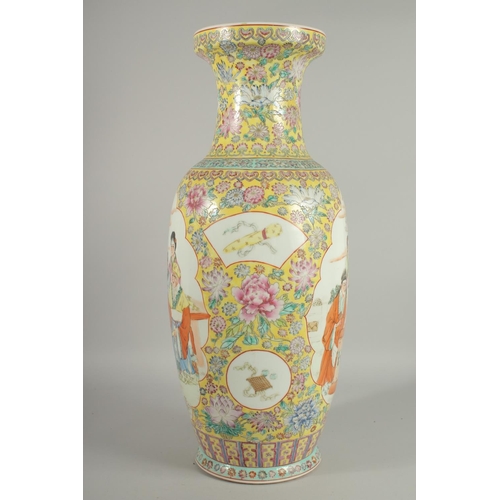 151 - A LARGE CHINESE FAMILLE JAUNE PORCELAIN VASE, painted with two large panels of figures and smaller p... 