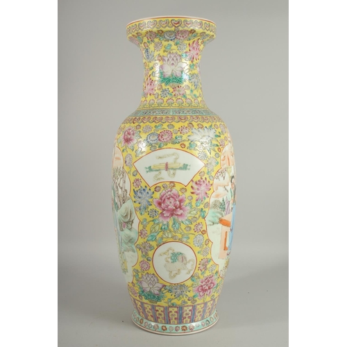 151 - A LARGE CHINESE FAMILLE JAUNE PORCELAIN VASE, painted with two large panels of figures and smaller p... 