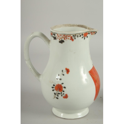 152 - AN ARMORIAL PORCELAIN JUG AND QUATREFOIL DISH, (af), jug 18cm high, dish 21.5cm wide, (2).