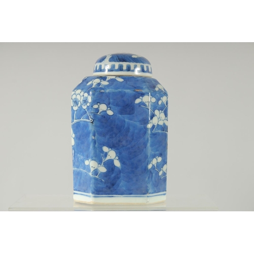 157 - A CHINESE BLUE AND WHITE PORCELAIN OCTAGONAL JAR AND COVER, painted with prunus blossom, base with f... 