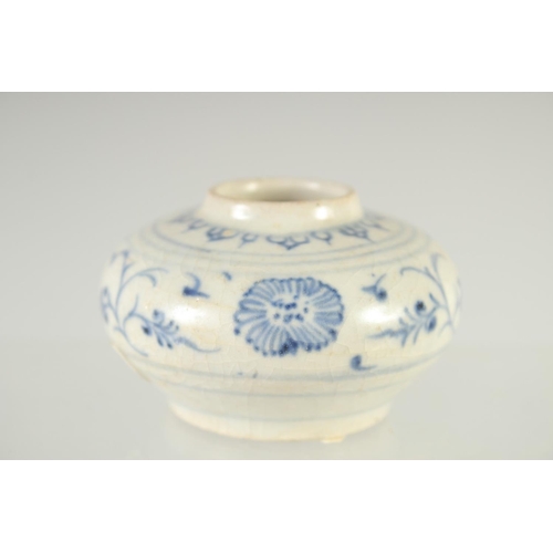 159 - A SMALL CHINESE BLUE AND WHITE GLAZED POTTERY WATER POT, painted with foliate motifs, with applied s... 