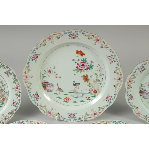 162 - A SET OF SIX CHINESE QIANLONG FAMILLE ROSE PORCELAIN PLATES, together with a larger plate, each enam... 