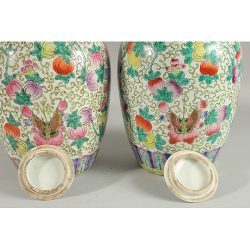 163 - A PAIR OF CHINESE FAMILLE ROSE PORCELAIN JARS AND COVERS, painted with peaches and butterflies, 31cm... 