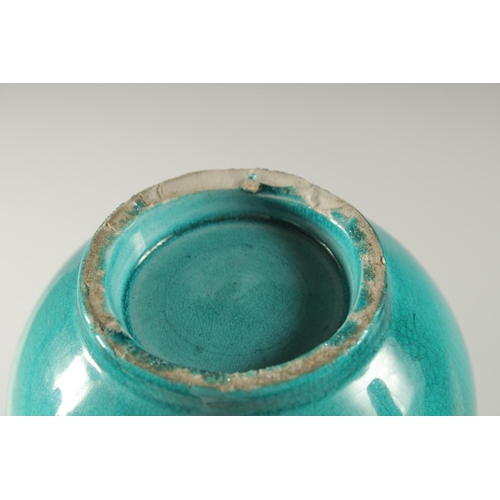 165 - A CHINESE TURQUOISE GLAZE BOTTLE VASE, with carved relief dragon coiled around the neck, 28cm high.