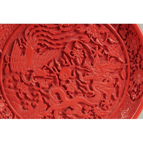 169 - A CHINESE CINNABAR LACQUER DISH, decorated with dragon and phoenix amongst flora, 20cm diameter.