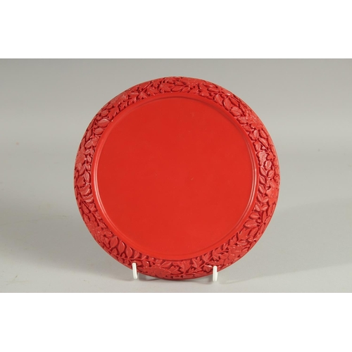 169 - A CHINESE CINNABAR LACQUER DISH, decorated with dragon and phoenix amongst flora, 20cm diameter.