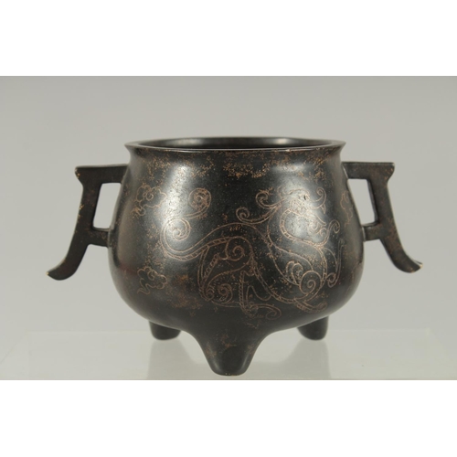 171 - A CHINESE SILVER WIRE INLAID BRONZE TWIN HANDLE CENSER, the inlay depicting chilong, mark to base 'S... 