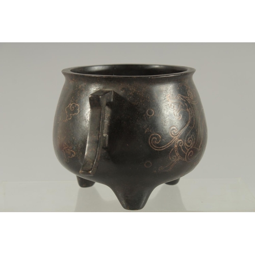 171 - A CHINESE SILVER WIRE INLAID BRONZE TWIN HANDLE CENSER, the inlay depicting chilong, mark to base 'S... 