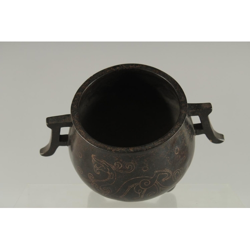 171 - A CHINESE SILVER WIRE INLAID BRONZE TWIN HANDLE CENSER, the inlay depicting chilong, mark to base 'S... 