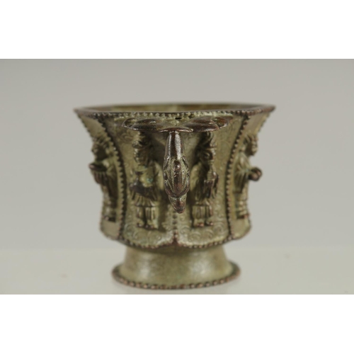 172 - A CHINESE BRONZE CUP WITH RELIEF CAST FIGURES, mark to base possibly Da Tang Zhen Guan (true officia... 