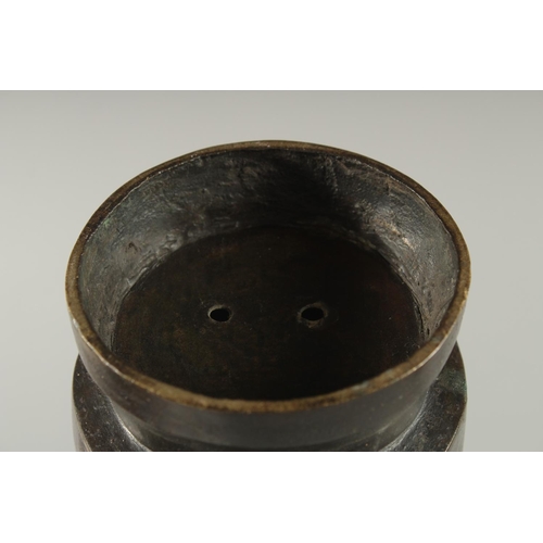 174 - A CHINESE BRONZE VASE WITH TWIN CHILONG HANDLES, with archaic style mask decoration, 28cm high.