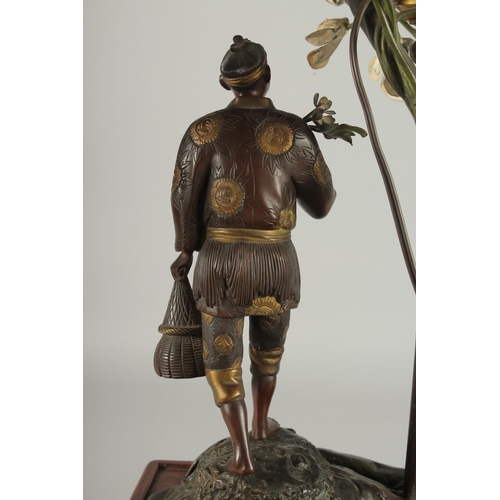 176 - A FINE AND LARGE JAPANESE MEIJI BRONZE AND CLOISONNE FIGURAL LAMP, with okimono of a man holding a b... 