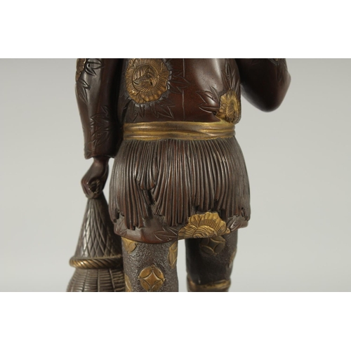 176 - A FINE AND LARGE JAPANESE MEIJI BRONZE AND CLOISONNE FIGURAL LAMP, with okimono of a man holding a b... 