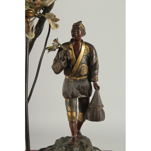 176 - A FINE AND LARGE JAPANESE MEIJI BRONZE AND CLOISONNE FIGURAL LAMP, with okimono of a man holding a b... 