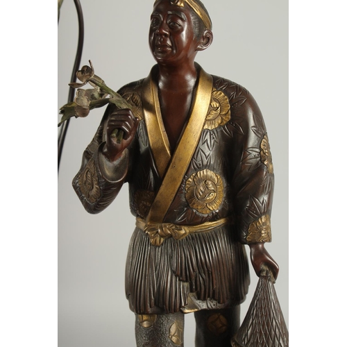 176 - A FINE AND LARGE JAPANESE MEIJI BRONZE AND CLOISONNE FIGURAL LAMP, with okimono of a man holding a b... 