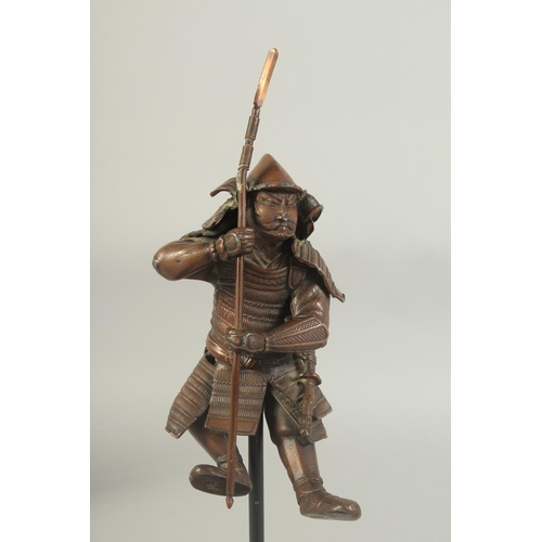 178 - A 19TH CENTURY JAPANESE OKIMONO OF A SAMURAI, elevated on a purpose-made display stand, figure 17cm ... 