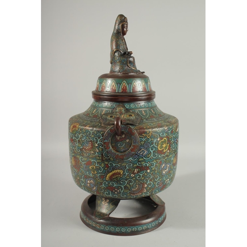 180 - A LARGE CHINESE CLOISONNE ENAMELLED BRONZE JAR AND COVER, with figure of Guanyin to the cover, the j... 