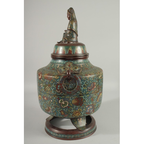 180 - A LARGE CHINESE CLOISONNE ENAMELLED BRONZE JAR AND COVER, with figure of Guanyin to the cover, the j... 