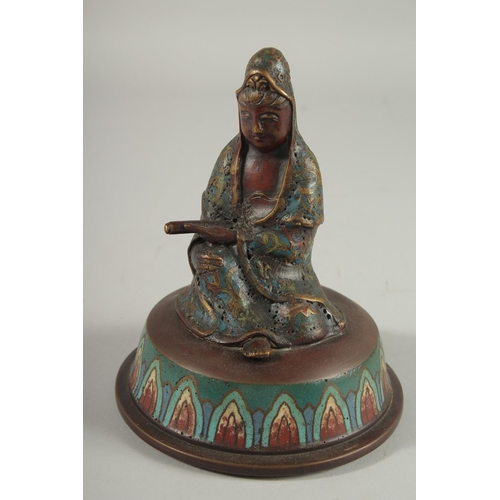 180 - A LARGE CHINESE CLOISONNE ENAMELLED BRONZE JAR AND COVER, with figure of Guanyin to the cover, the j... 