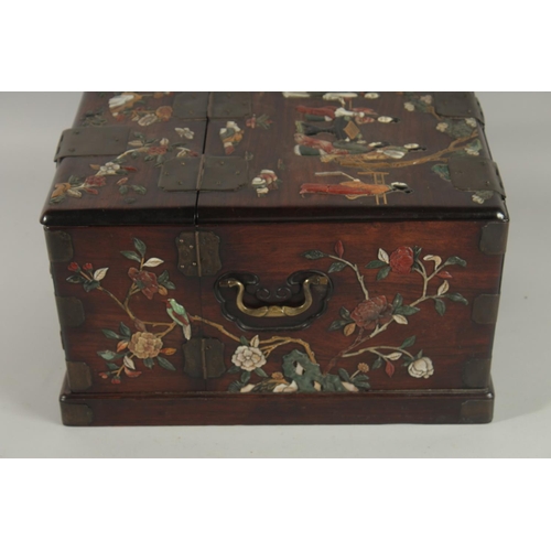 181 - A FINE 19TH CENTURY CHINESE INLAID HARDWOOD TRAVELLING VANITY BOX, inlaid with mother of pearl, soap... 