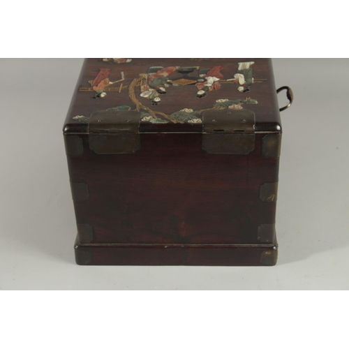 181 - A FINE 19TH CENTURY CHINESE INLAID HARDWOOD TRAVELLING VANITY BOX, inlaid with mother of pearl, soap... 