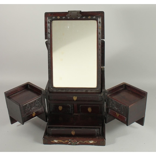 181 - A FINE 19TH CENTURY CHINESE INLAID HARDWOOD TRAVELLING VANITY BOX, inlaid with mother of pearl, soap... 