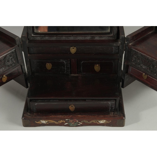 181 - A FINE 19TH CENTURY CHINESE INLAID HARDWOOD TRAVELLING VANITY BOX, inlaid with mother of pearl, soap... 