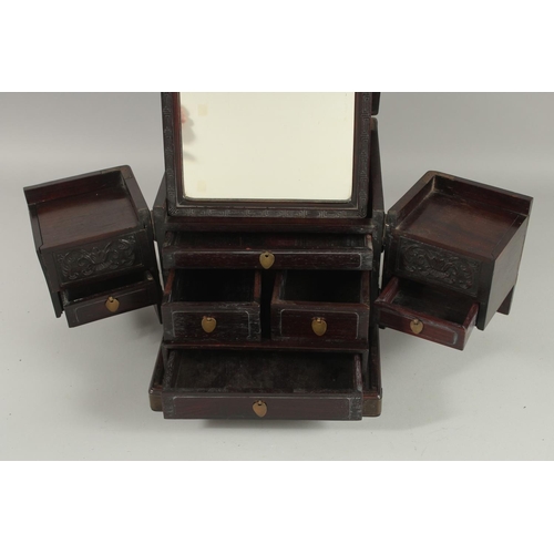 181 - A FINE 19TH CENTURY CHINESE INLAID HARDWOOD TRAVELLING VANITY BOX, inlaid with mother of pearl, soap... 