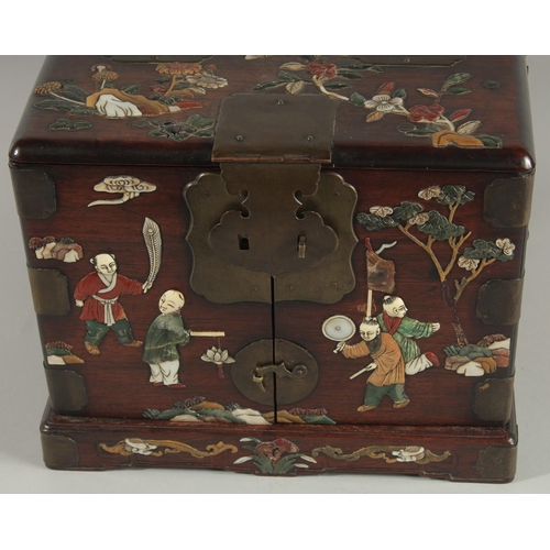 181 - A FINE 19TH CENTURY CHINESE INLAID HARDWOOD TRAVELLING VANITY BOX, inlaid with mother of pearl, soap... 