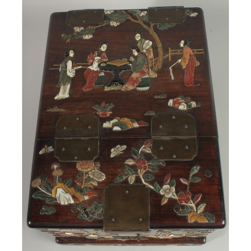 181 - A FINE 19TH CENTURY CHINESE INLAID HARDWOOD TRAVELLING VANITY BOX, inlaid with mother of pearl, soap... 